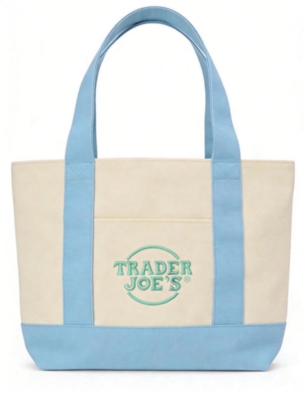 New Trader Joe's Cream and Light Blue Canvas Mini Tote